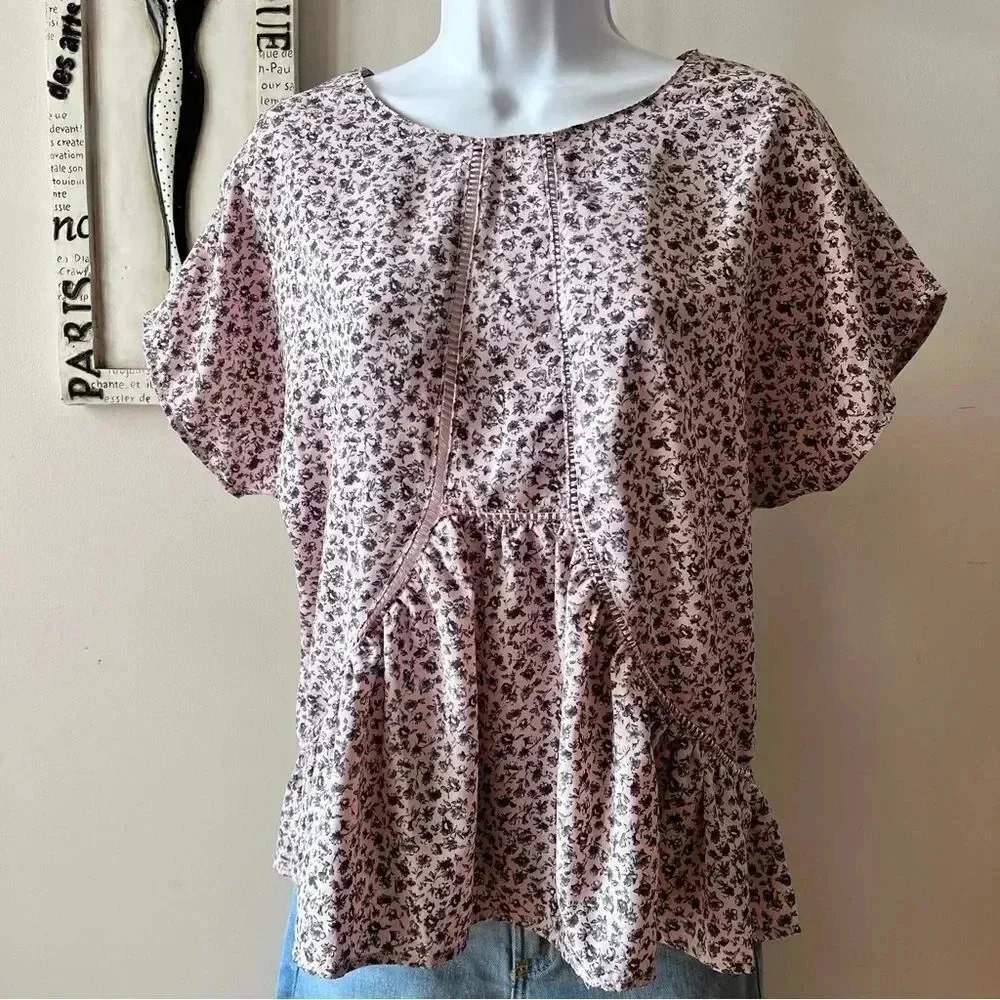 Harlowe & Graham Boho Cottagecore Pink Floral Print Peplum Top Size M